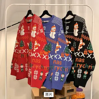 Kalėdų raudonas megztinis korėjos versija laukinių nukentėjo spalva prarasti rudens ir žiemos vyrų ir moterų sutirštės tingus mokinys megztinis