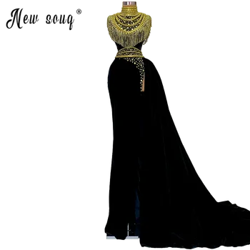 Aukso BeadsTassel Vakarinę Suknelę 2021 Arabų Juodo Aksomo Padalinta Ritininės Ilgai Promenadzie Suknelė Valymo Traukinio Oficialią Šalies Suknelė Naujausios Konstrukcijos