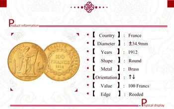 Prancūzijos Trečiosios Respublikos 1912 100 Frankų Aukso Monetos Kopija Žalvario Metalo Liberte Egalite, Minint Monetos Replika
