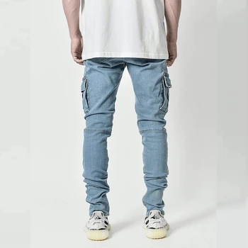 Vyriški cargo džinsai atsitiktinis kelnės slim fit pusėje kišenė Tiesiai džinsinio audinio kelnės Streetwear Hip-hop džinsai vyrams