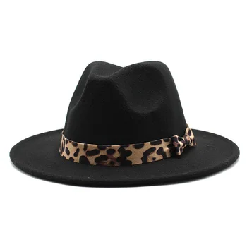 Leopard juosta Fedora Skrybėlę Džiazo Skrybėlės Moterims Ir Vyrams, Elegantiškas mados Panamos skrybėlė Nespalvoti fedora skrybėlę Platus kraštų