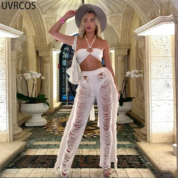 UVRCOS Streetwear Moterų Kietas Megzti Tiesiai Y2K Ziajać Hipster Neapibrėžta Kutas Tuščiaviduriai Iš Aukšto Juosmens Viduryje Juosmens Moterų Kelnės