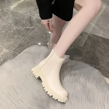 2021 naują pavasario moteriški balti batai moteriška aukštakulnį storio-soled juodos odos batai