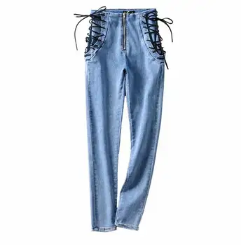 Pantalones vaqueros Derliaus ajustados con cremallera para mujer, B71vaqueros de cintura alta con cordones cruzados, ajustados