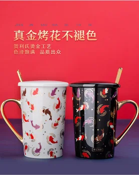 Kūrybos aukso Koi keramikos puodelis su dangteliu šaukštas asmenybės tendencija vyrų ir moterų namų taurės pora kavos puodelio