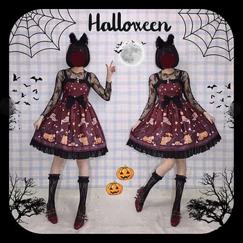 Helovinas gotikos derliaus saldus lolita dress mielas spausdinimo bowknot aukšto juosmens viktorijos suknelė kawaii girl gothic lolita jsk cos