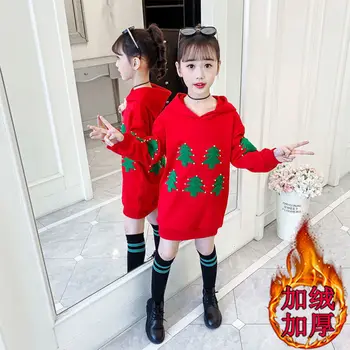 2021 žiemos vaikai, paaugliai, Merginos drabužius kalėdų eglutė suknelė plius aksomo storio hoodie džemperis kūdikis 5 6 7 8 9 10 11 12 metai